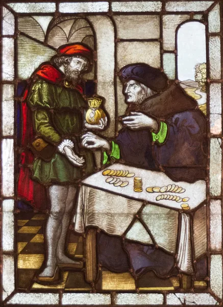 Fensterbild: Der Kaufmann mit der kostbaren Perle